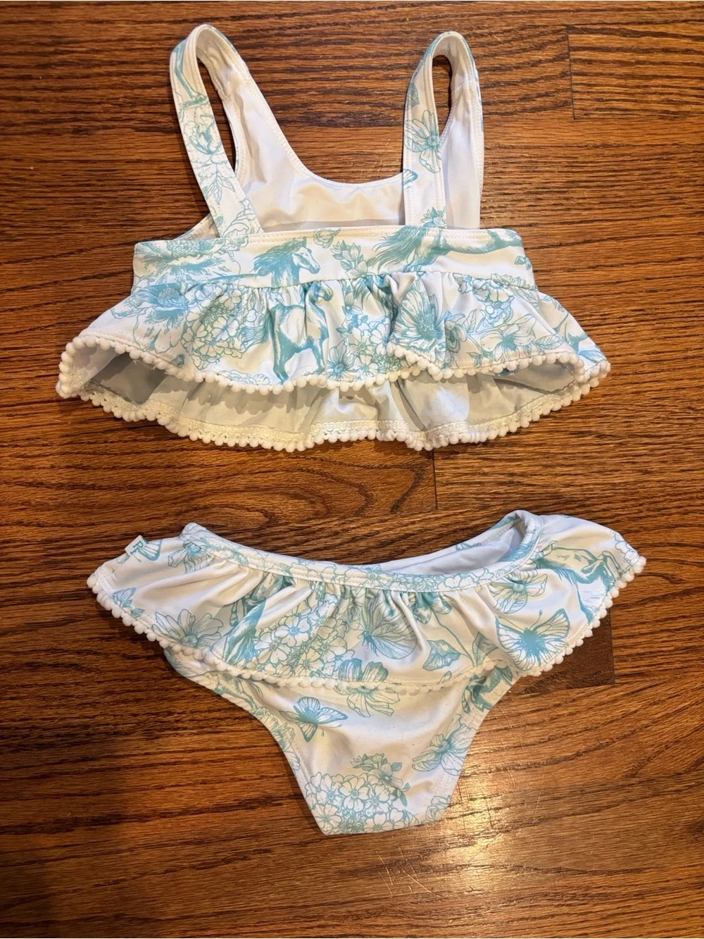 Posh Peanut Girls Two Piece Ruffle Bikini Blue Horses & Floral Print Size 2T